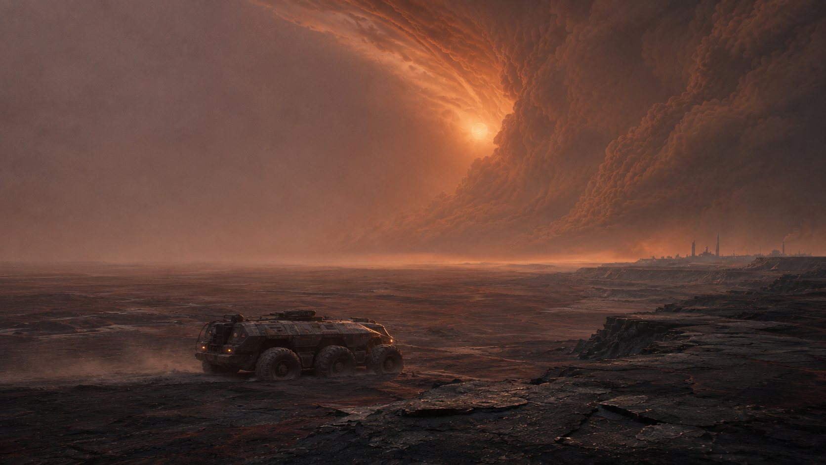 AFTERLIGHT: the announcement-trailer poster. A six-wheeled surveyor crosses black glass ahead of a storm wall lit by a low sun.