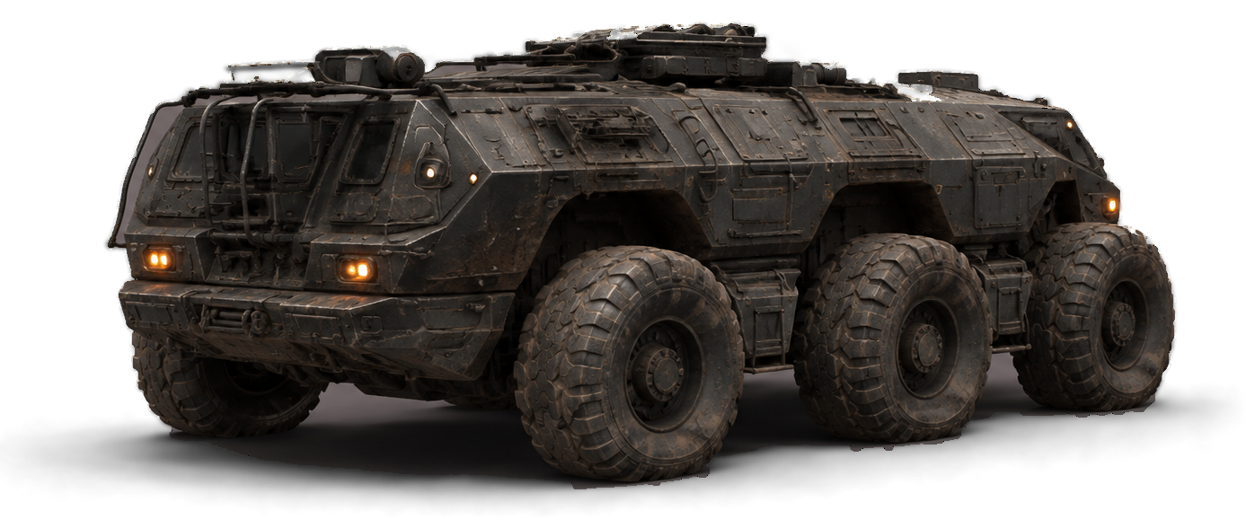 The Pilgrim, a six-wheeled exploration vehicle in three-quarter view, sodium lamps lit.