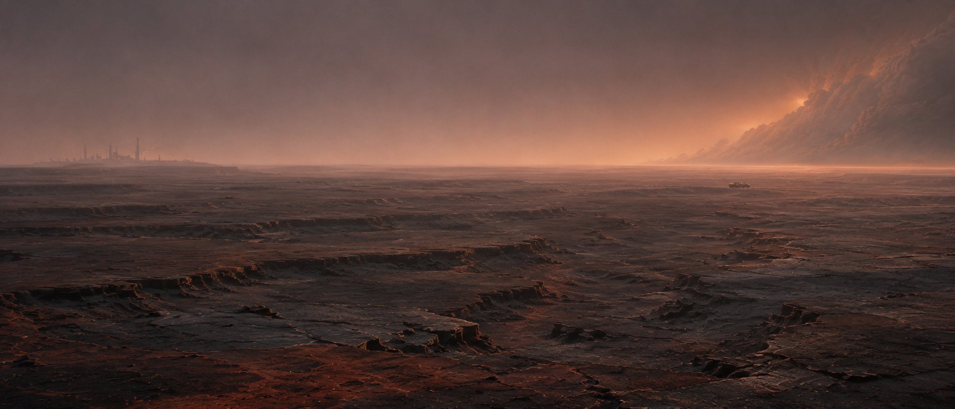 A vast dark basin under a low sun, a single vehicle small against the horizon.