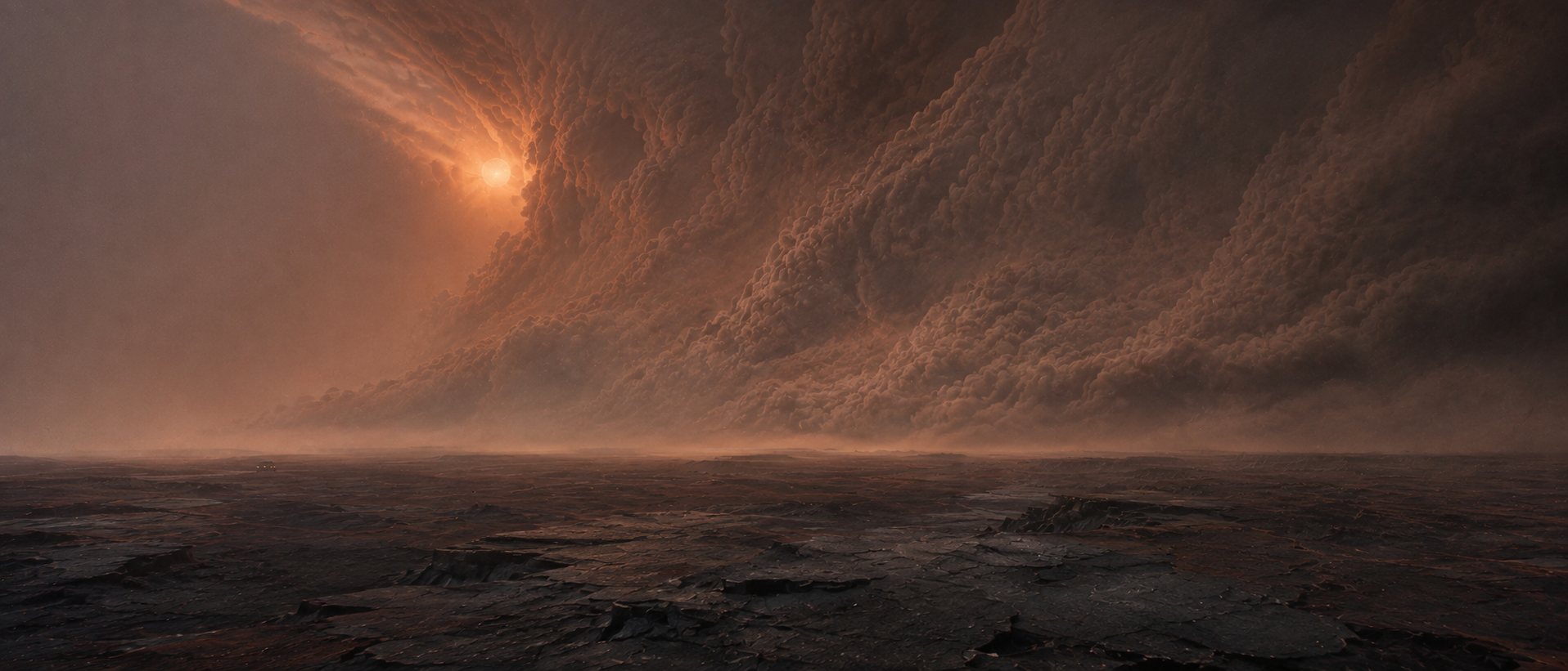 A towering wall of storm advancing across open ground, backlit and glowing at its edge.