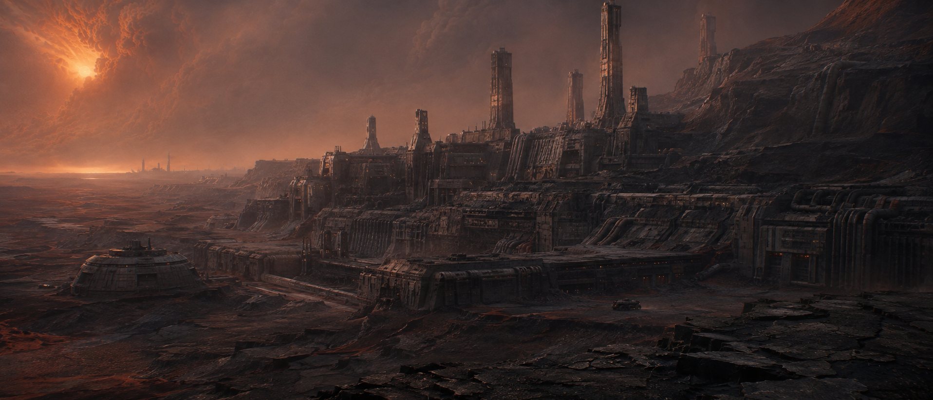 An abandoned industrial megastructure silhouetted against a dust-filled sky.